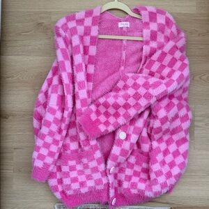 Pink Lily Fuzzy Pink Plaid Sweater